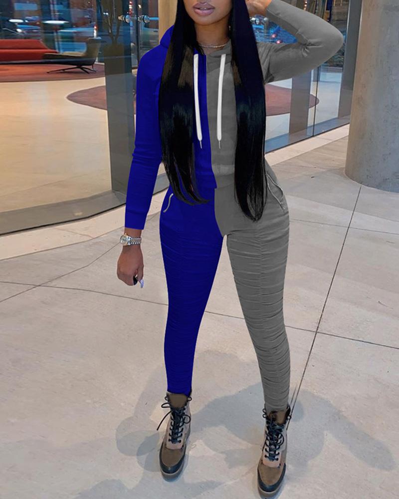

Colorblock Long Sleeve Drawstring Hoodie & Ruched Pants Set, Style2