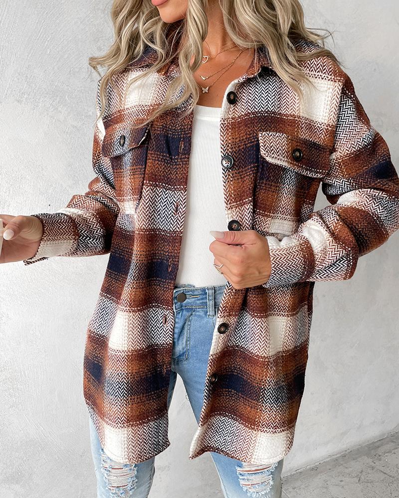 

Plaid Print Long Sleeve Button Down Shacket, Gray