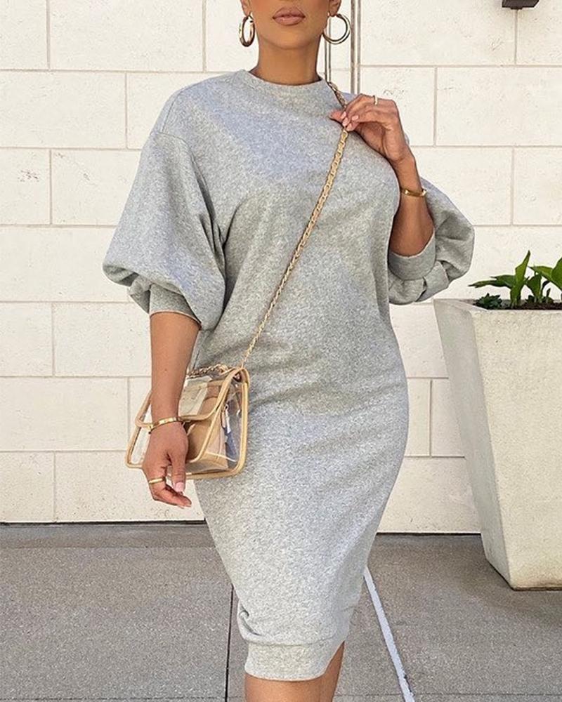 

Plain Lantern Sleeve Sweatshirt Dress, Gray