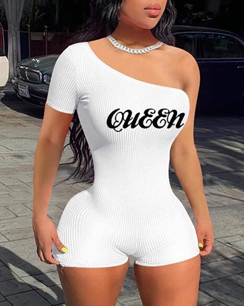

One Shoulder Letter Print Romper, White
