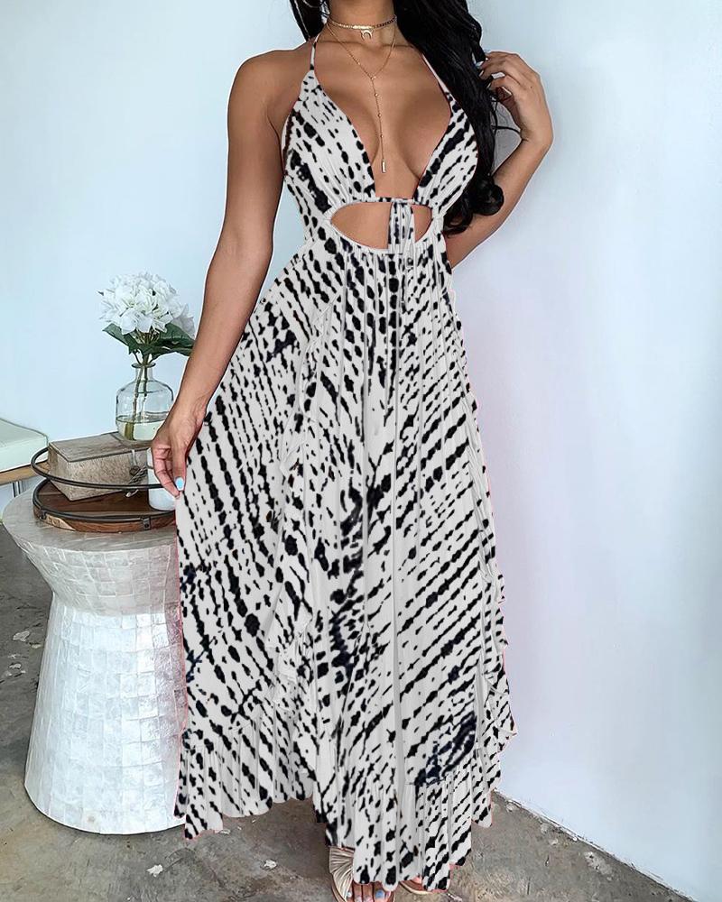 

Halter Tie Dye Print Tied Detail Cutout Maxi Dress, White