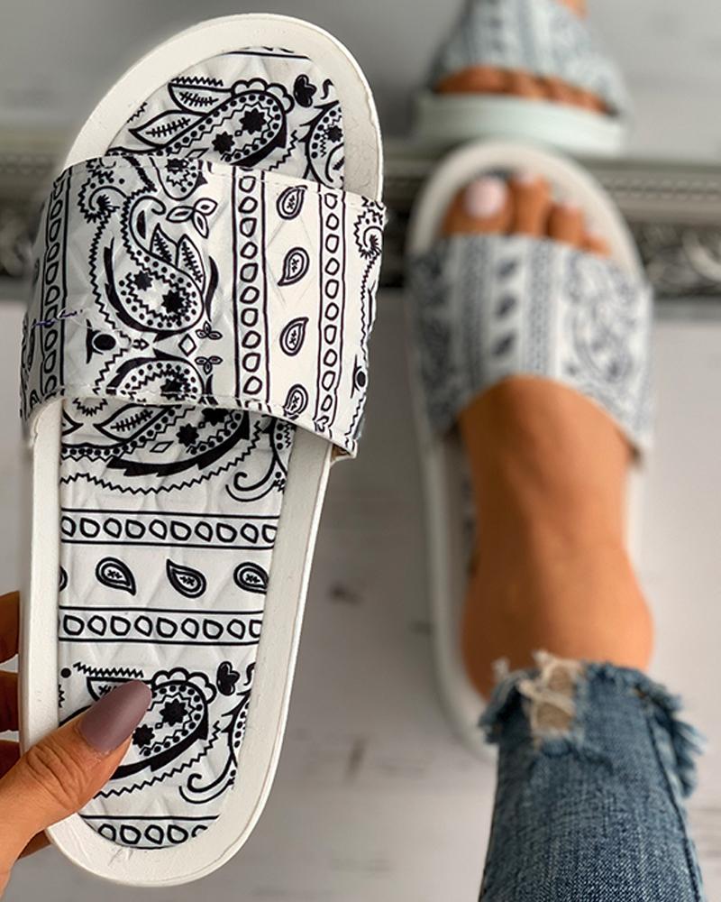 

Paisley Print Open Toe Casual Flat Slippers, White