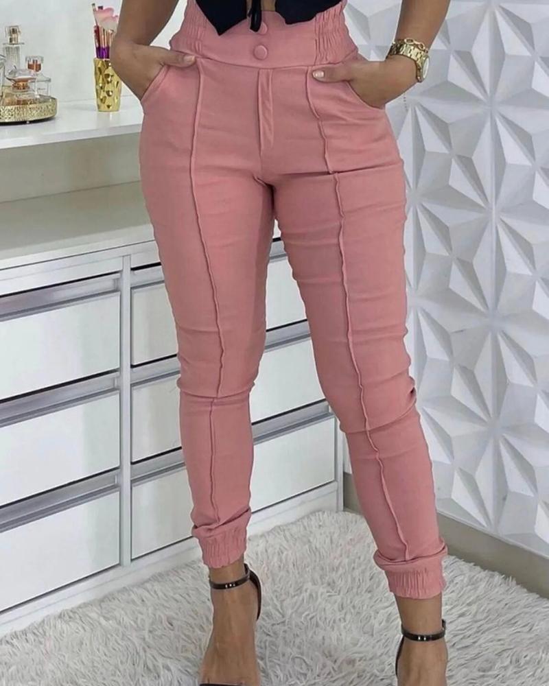 

Contrast Piping High Waist Pants, Pink