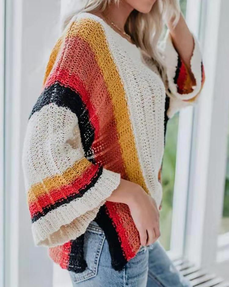 

Long Sleeve Rainbow Knitting Casual Top, Apricot