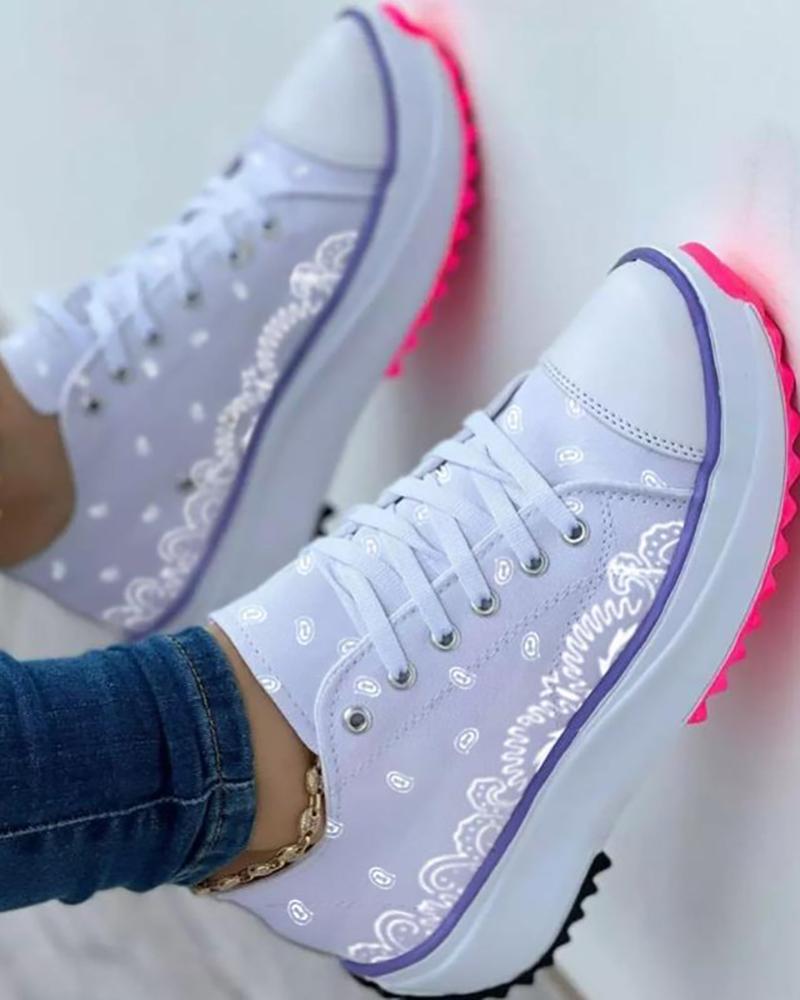 

Graphic Pattern Lace-Up Front Sneakers, White