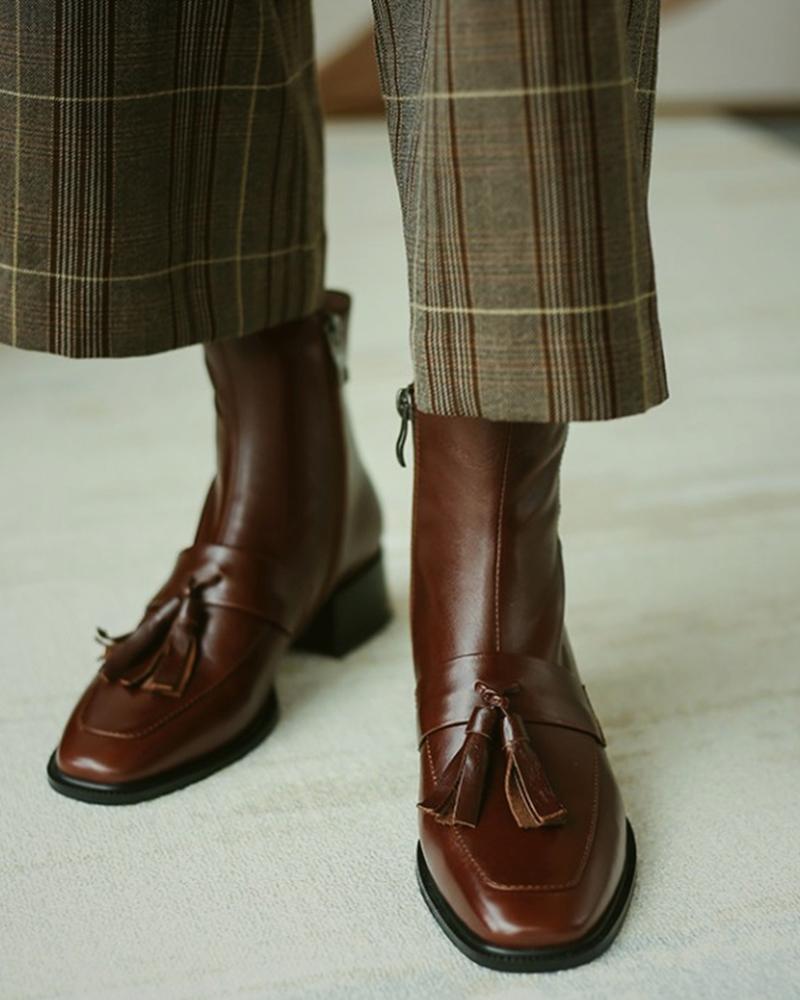 

Square Toe Tassel Design Chunky Boots, Coffee