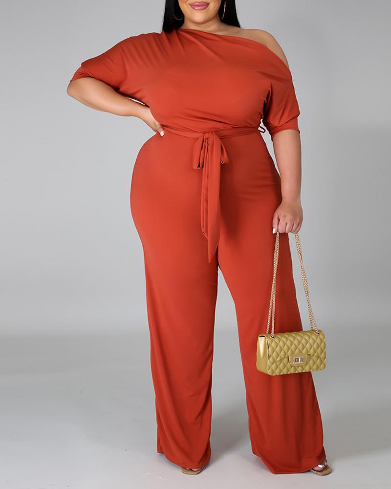 

Plus Size Skew Neck Jumpsuit With Belt, Orange