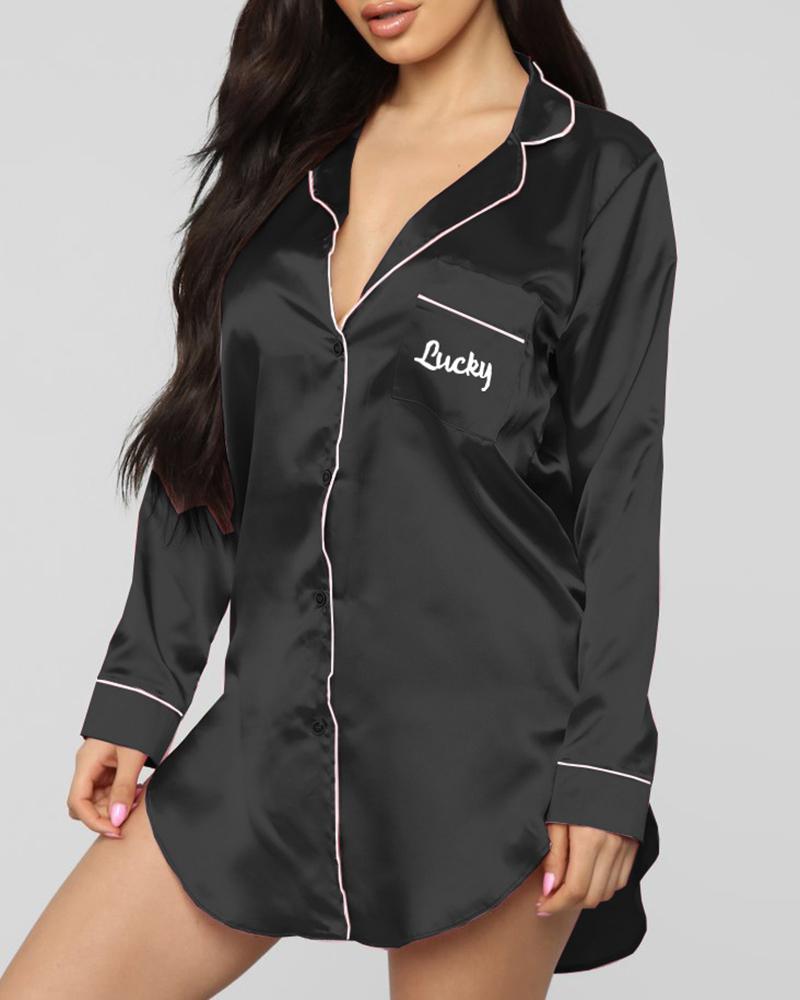 

Letter Print Pocket Design Satin Nightgown, Black