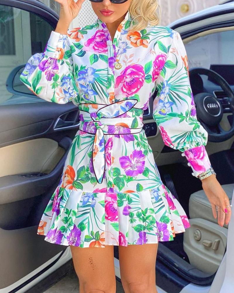 

Floral Print Pleated Hem Lantern Sleeve Shirt Dress, Multicolor
