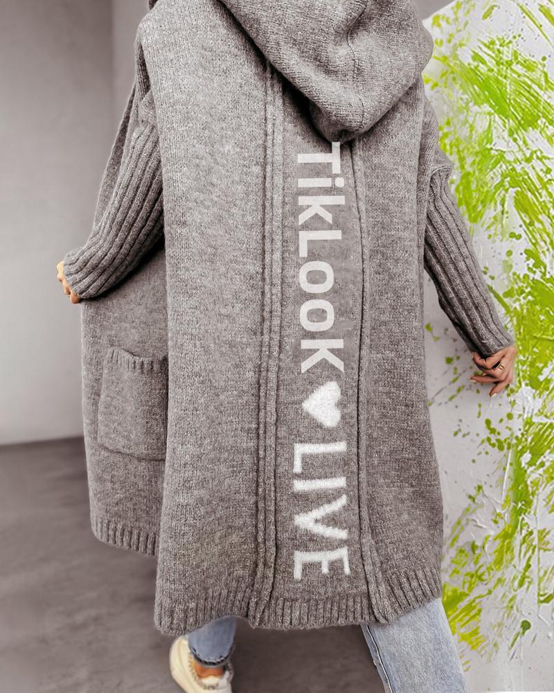 

Heart Letter Pattern Pocket Design Hooded Cardigan, Gray