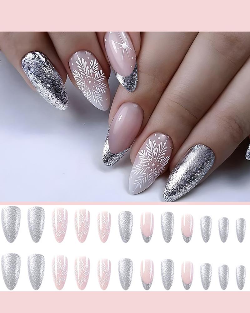 

24pcs Christmas Glitter Snowflake Design Press-on Stiletto Almond False Nails Set, Silver