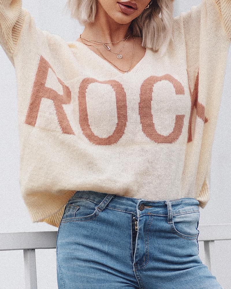 

Letter Print V-Neck Chunky Knit Oversized Sweater, Apricot