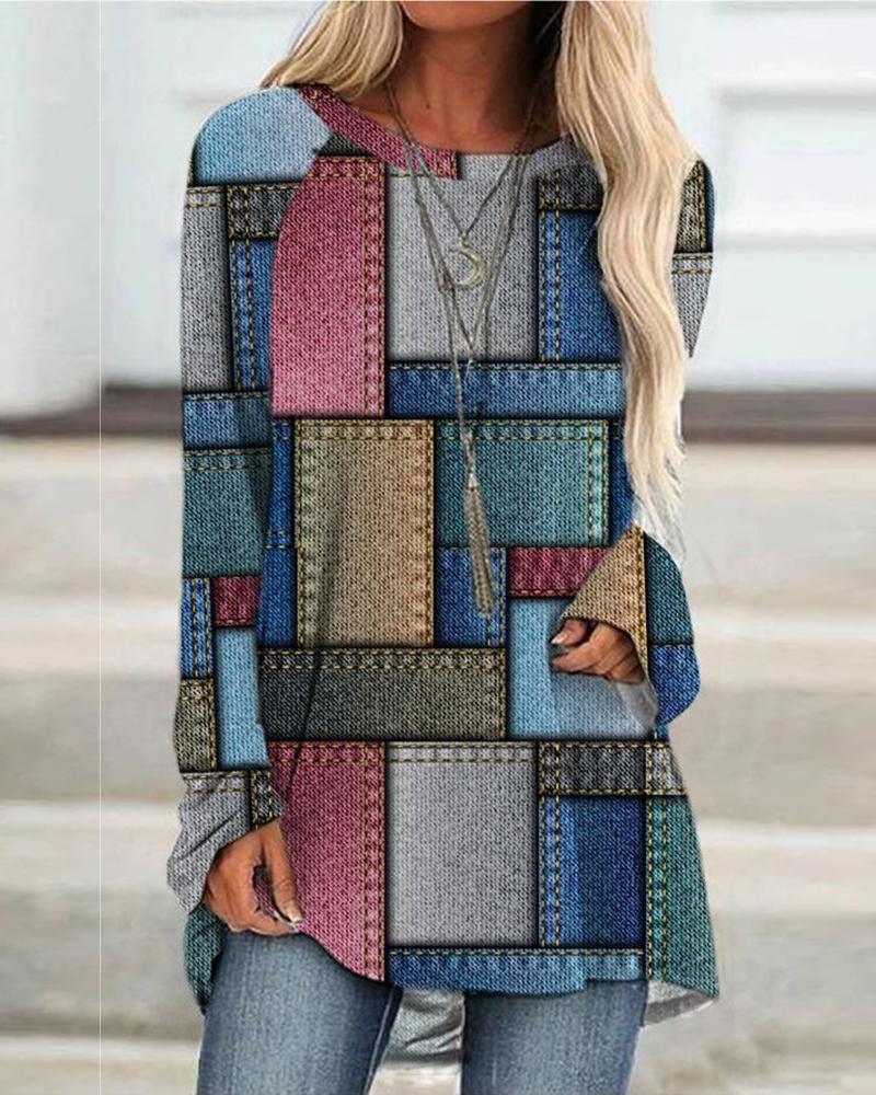 

Denim Look Print Long Sleeve Casual Top, Blue