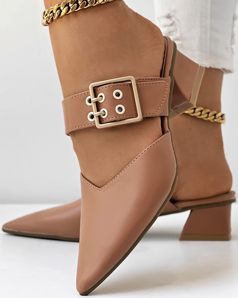 

Buckled Point Toe Chunky Heel Mules, Apricot