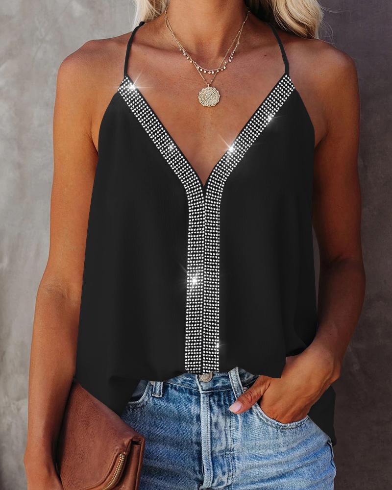 

Rhinestone Decor V-Neck Cami Top, Black