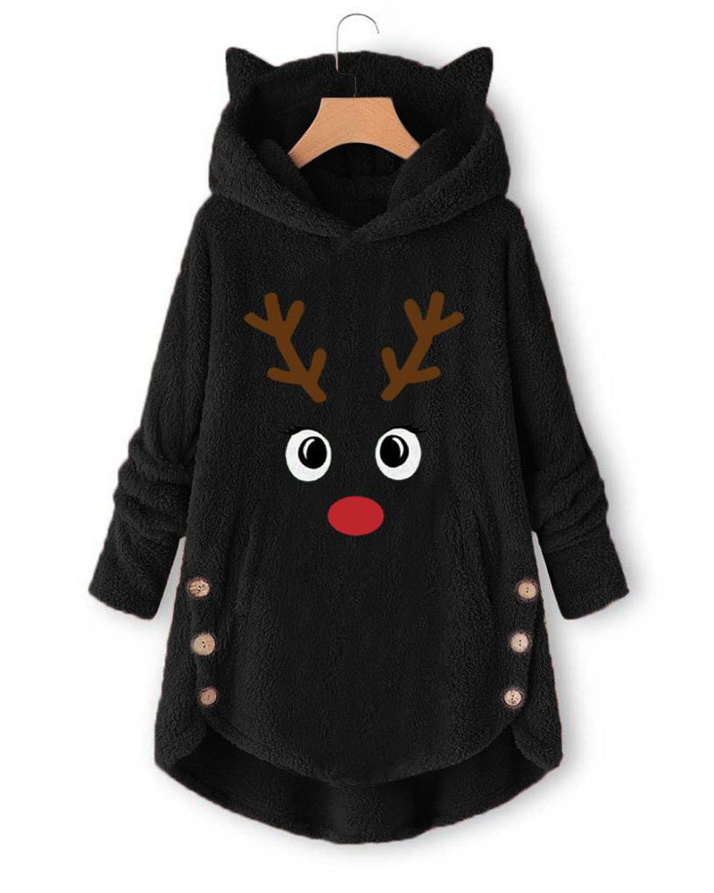 

Cartoon Print Teddy Hooded Coat, Black