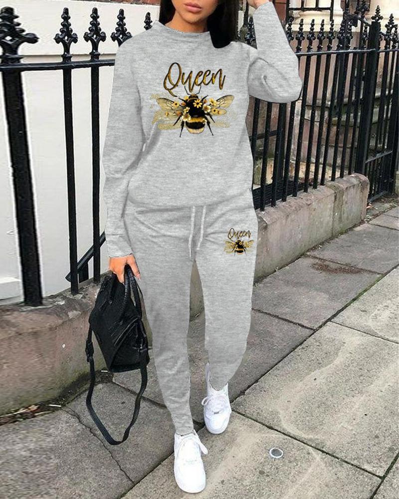 

Letter Bee Print Long Sleeve Casual Top & Pants Set, Gray