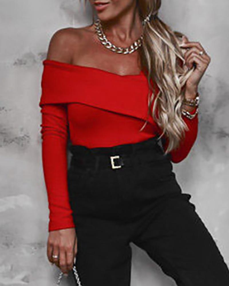

Asymmetrical Neck Long Sleeve Skinny Top, Red