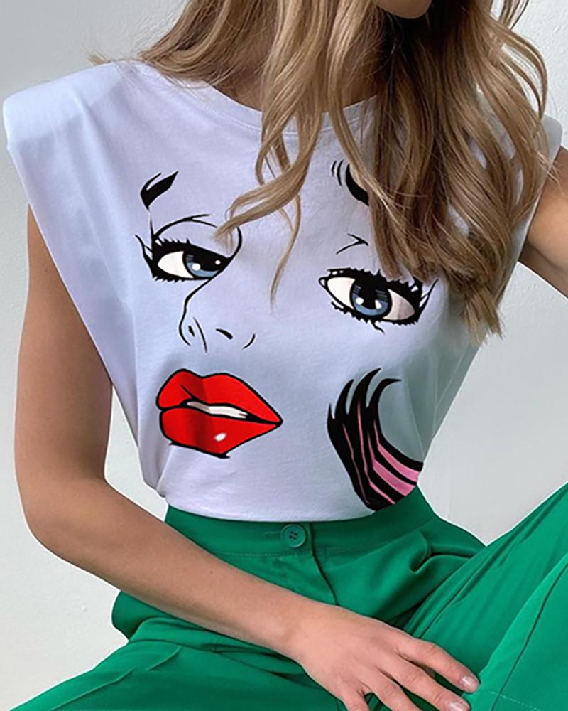 

Figure Print Padded Shoulder Casual Top, White