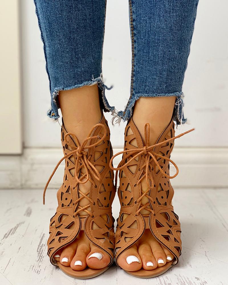 

Hollow Out Lace-up PU Wedge Sandals, Brown