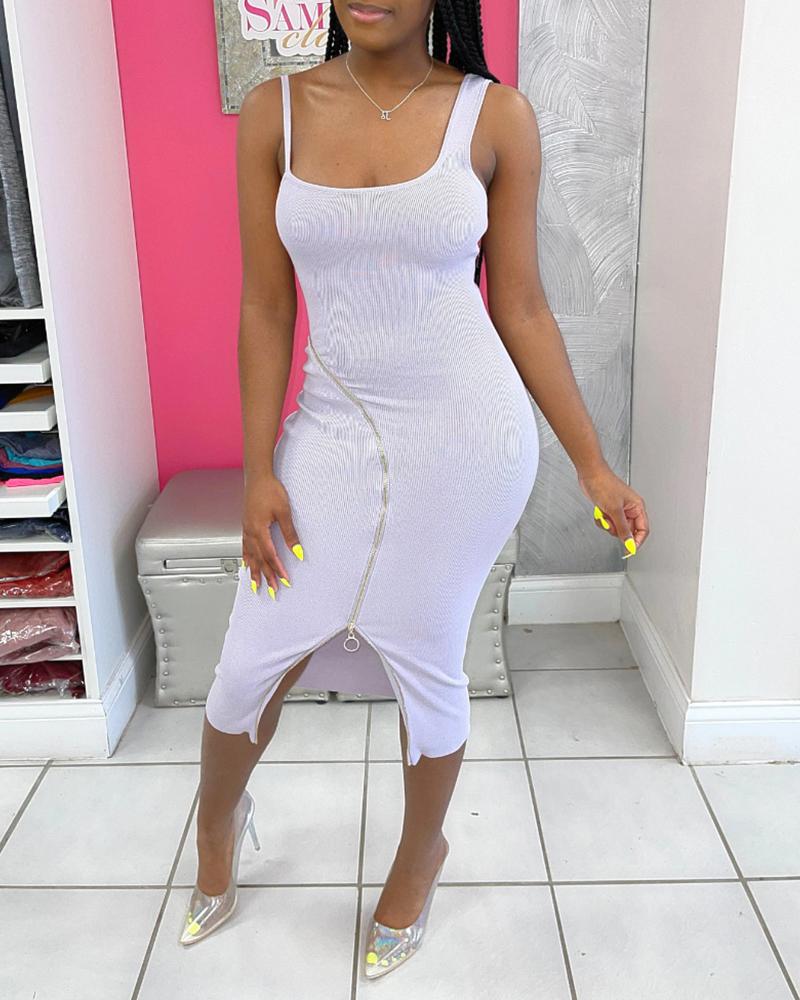 

U-Neck Zipper Design Sleeveless Dress, White