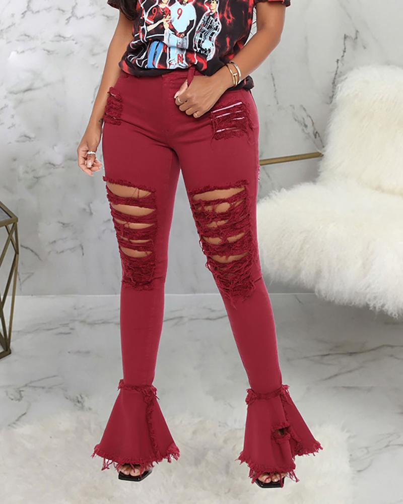 

Ripped Fringe Hem Ladder Cutout Bootcut Jeans, Wine red