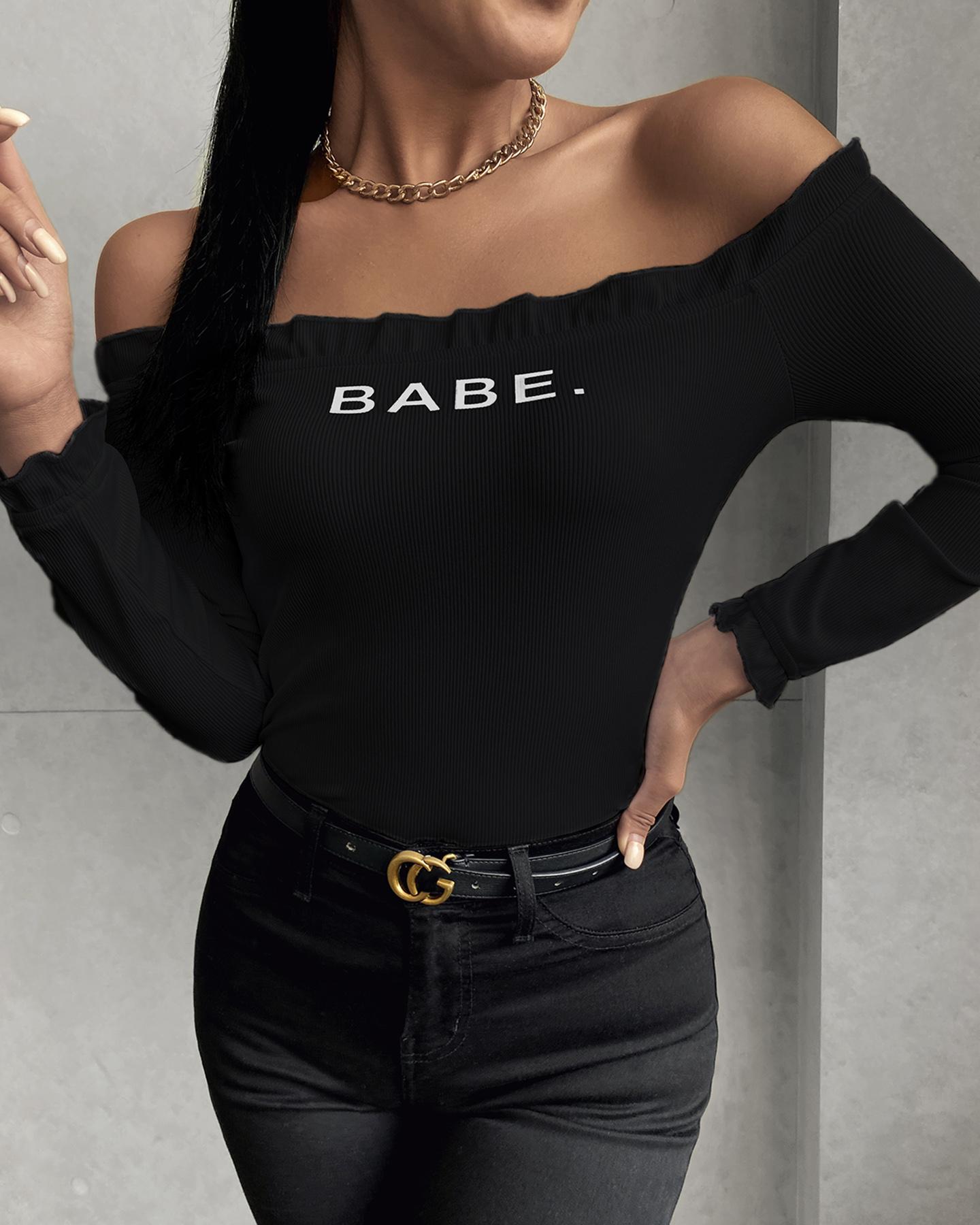 

Off Shoulder Letter Print Frill Hem Top, Black