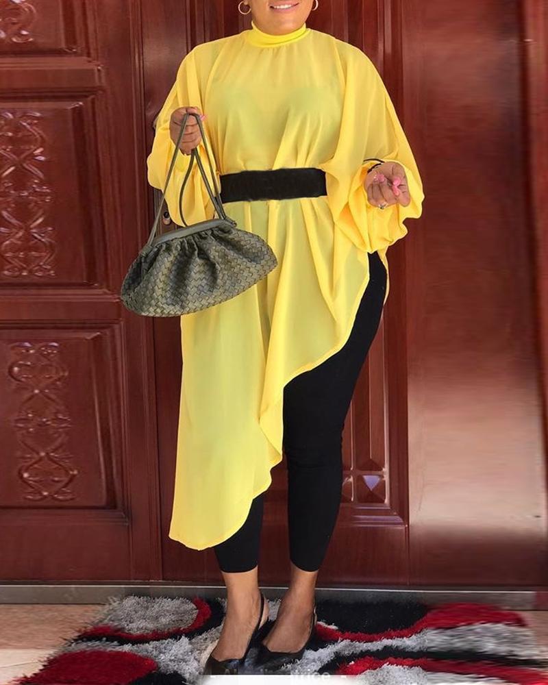 

Plus Size Lantern Sleeve Asymmetrical Hem Top, Yellow