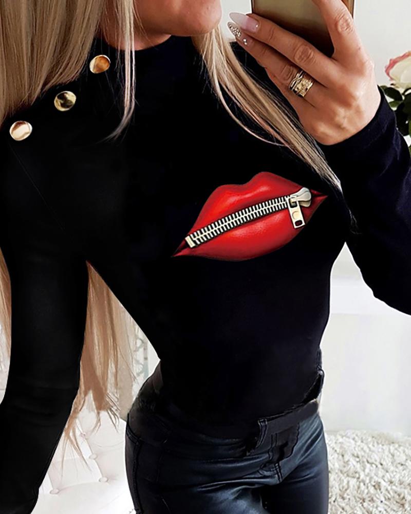 

Lip Print Zipper Design Long Sleeve Top, Black