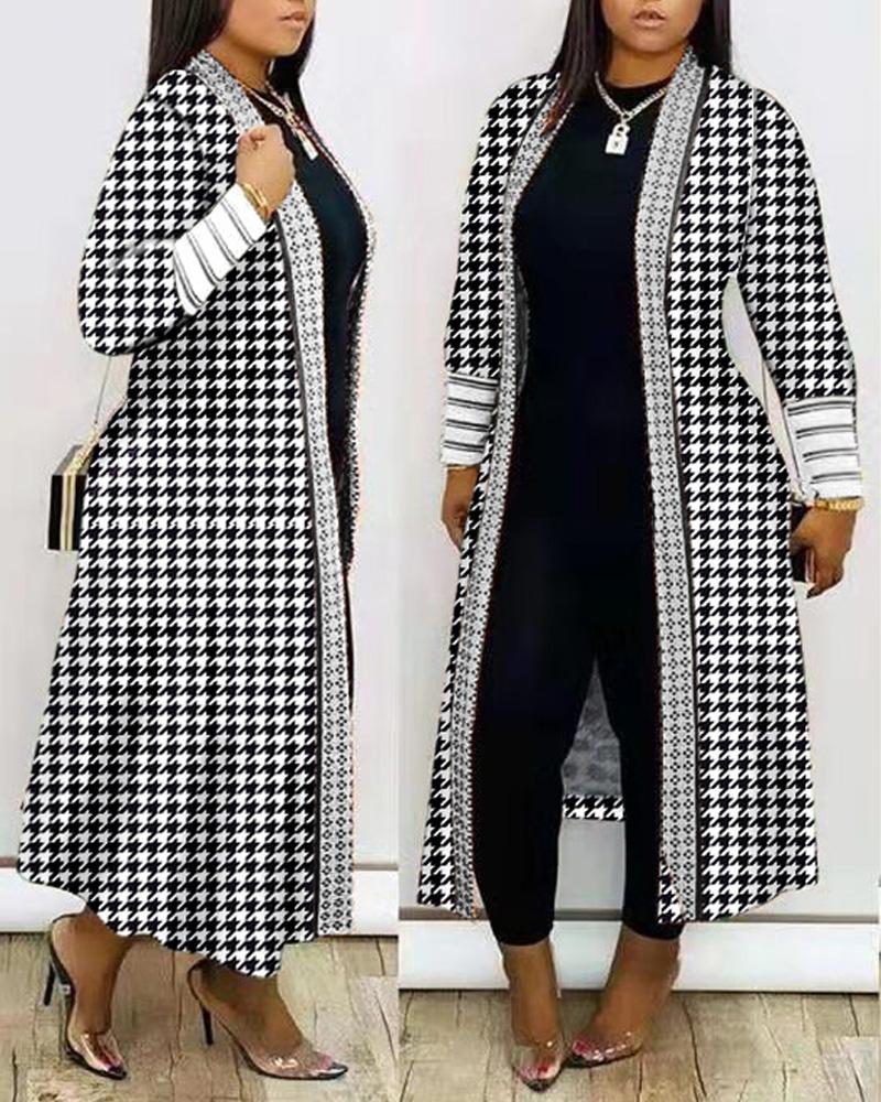 

Plus Size Houndstooth Print Open Front Longline Coat, Blackwhite