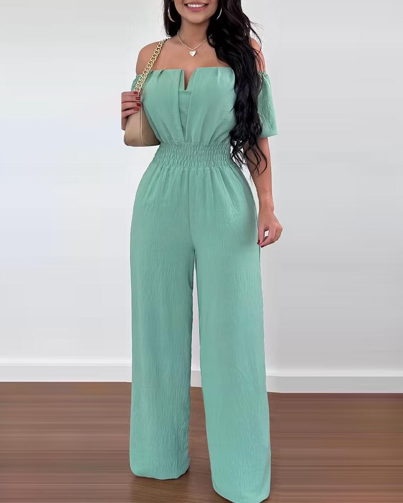 

Off Shoulder Shirred Waist Jumpsuit, Green