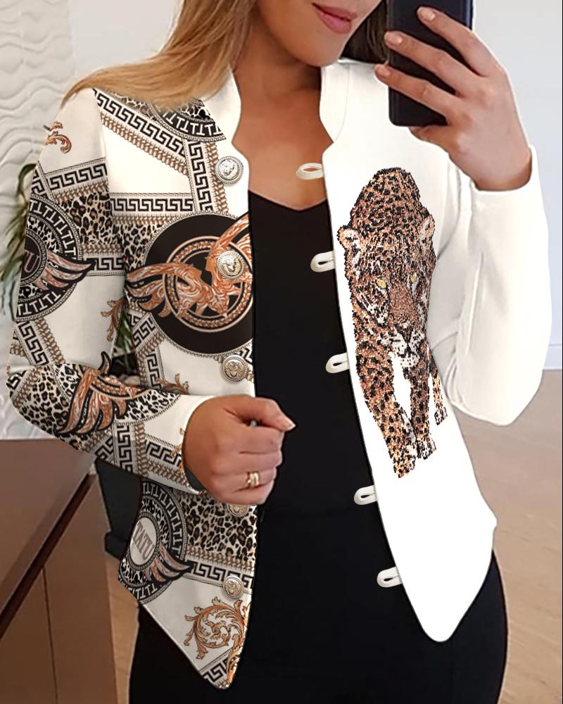 

Tiger Pattern Scarf Print Button Decor Long Sleeve Blazer Coat, White