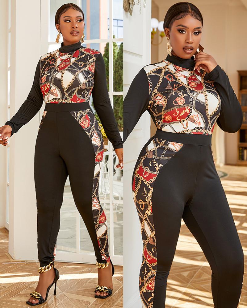 

Plus Size Scarf Chain Print Long Sleeve Jumpsuit, Black
