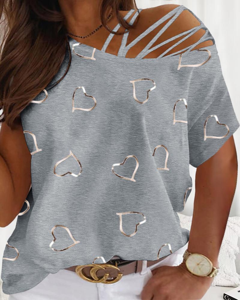 

Plus Size Heart Print Cold Shoulder Top, Gray