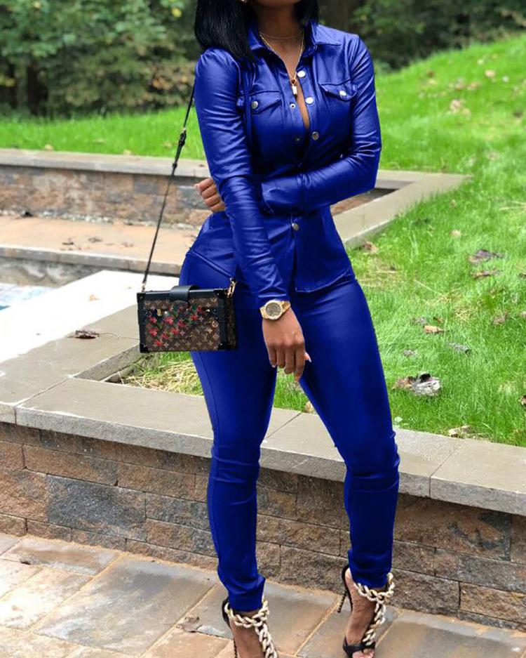 

PU Long Sleeve Blouse & Skinny Pants Set, Blue