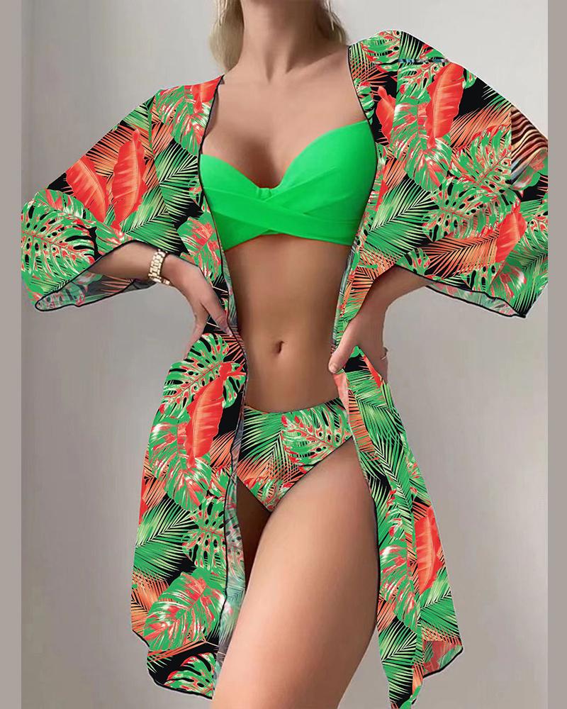 

3PCS Tropical Print Crisscross Bikini Set With Cover Up, Green