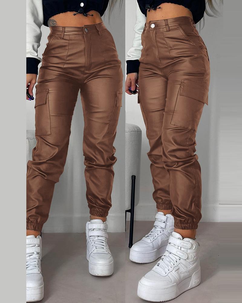 

Pocket Design Cuffed PU Leather Pants, Brown