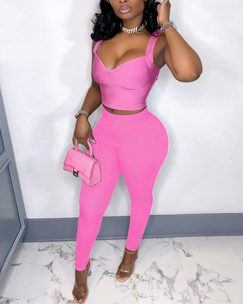 

Candy Color Plain Bodycon Top & Pants Sets, Pink