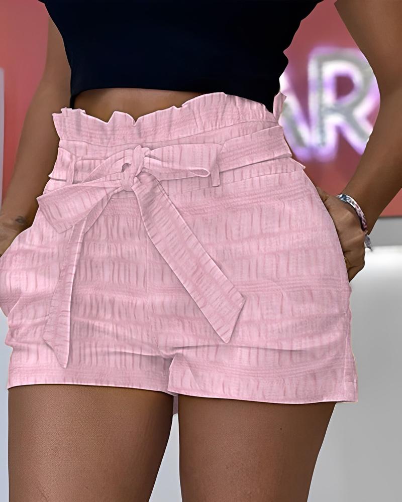 

Frill Hem Paperbag Waist Textured Shorts, Pink