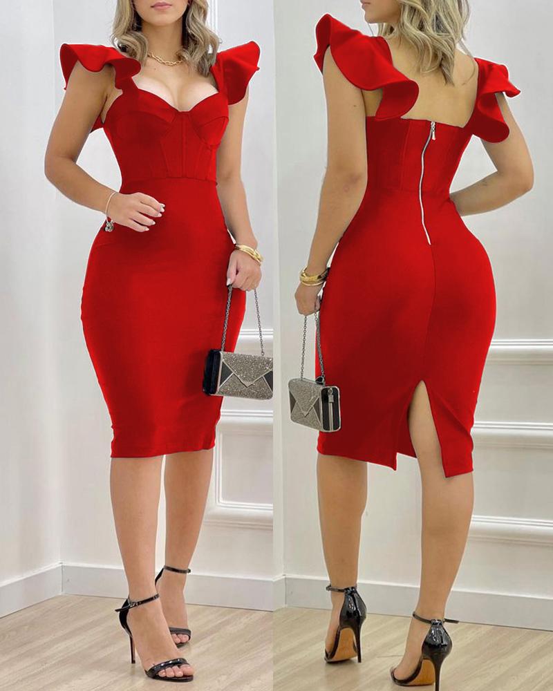 

Flutter Sleeve Zipper Design Slit Bodycon Dress, Red