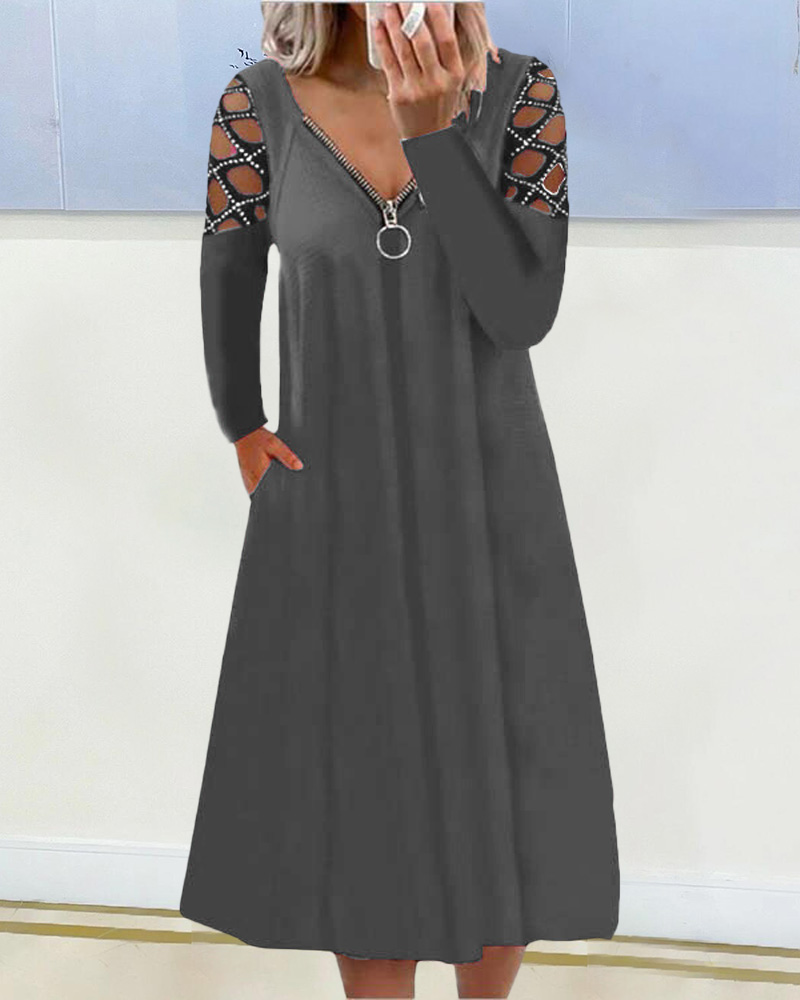 

Studded Hollow Out Long Sleeve Zipper Detail Casual Dress, Gray