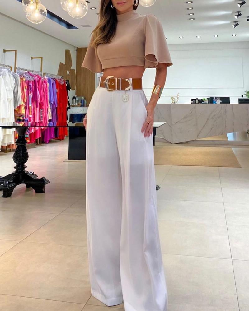 

Flutter Sleeve Crop Top & Wide Leg Pants Set, White