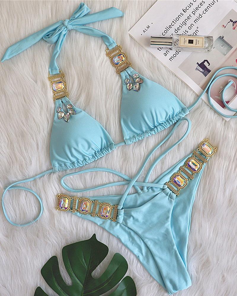 

Gem Stone Halter Tied Detail Bikini Set, Blue