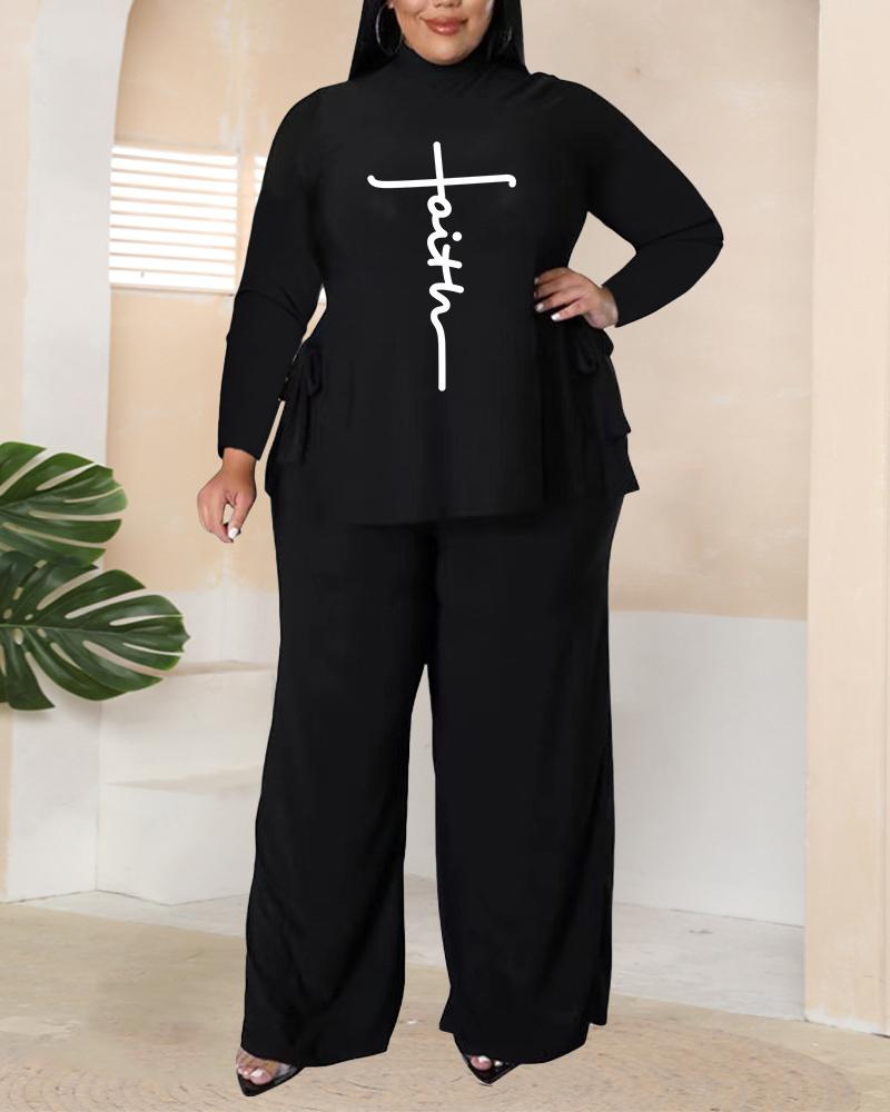 

Plus Size Letter Print Tied Detail Top & Pants Set, Black