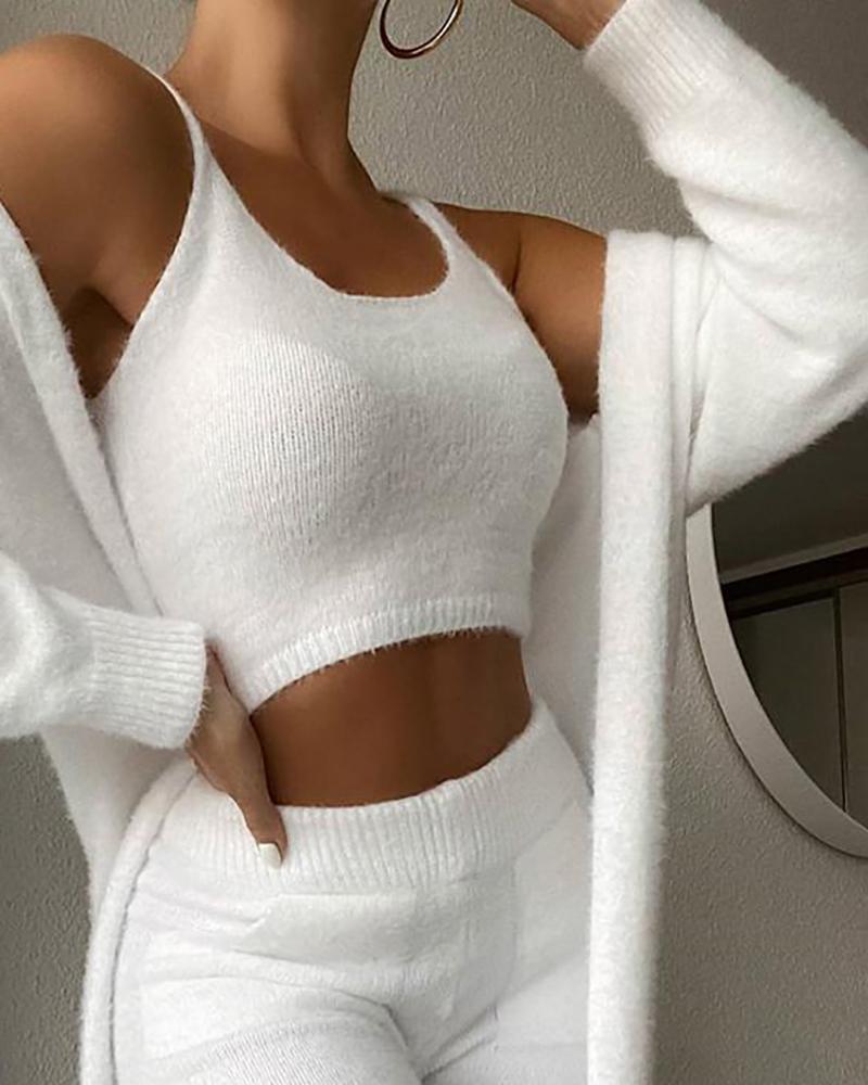 

Fluffy U Neck Crop Top & Pants Set With Open Front Cardigan, White