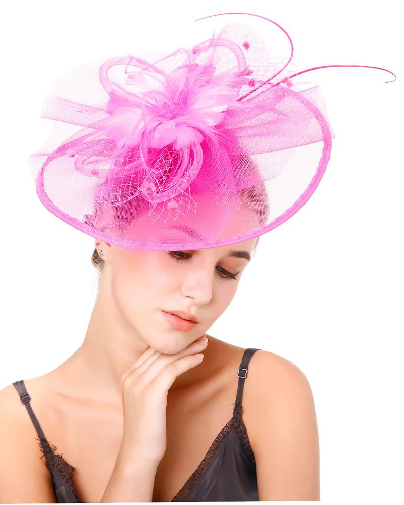 

Feather Fascinator Hat Sheer Mesh Hair Clip Hairpin Hats Bridal Wedding Cocktail Tea Party Headwear, Hot pink