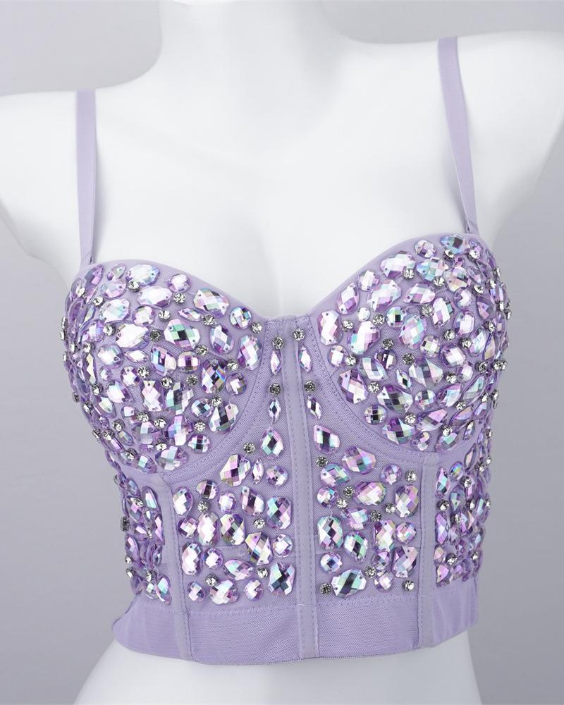 

Gem Stone Decor Buckle Back Crop Corset Top, Purple