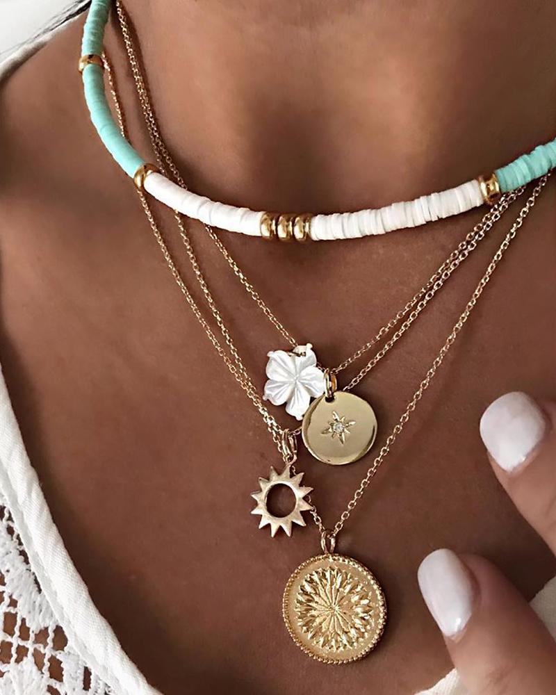 

5pcs Bohemian Multi-layer Disc Floral Pattern Pendant Necklaces Set, Gold