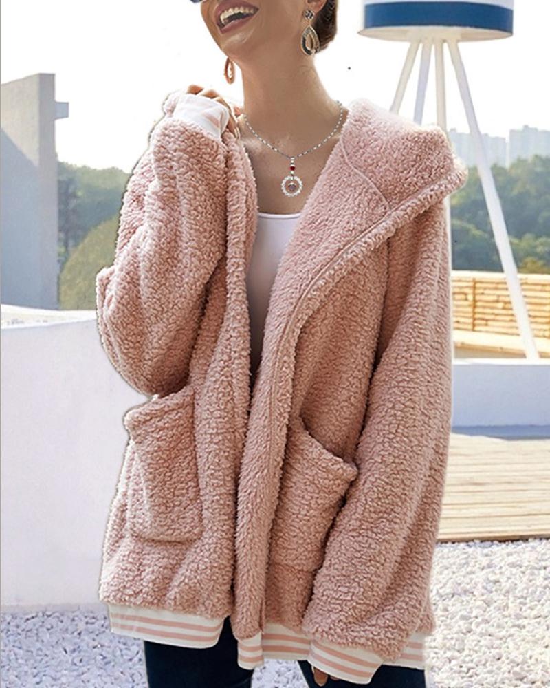 

Pocket Design Striped Hooded Teddy Coat, Pink