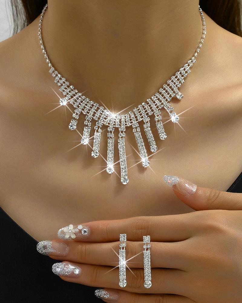 

2PCS Rhinestone Tassel Pendant Necklace & Stud Earrings Evening Party Wedding Jewelry Set, Silver